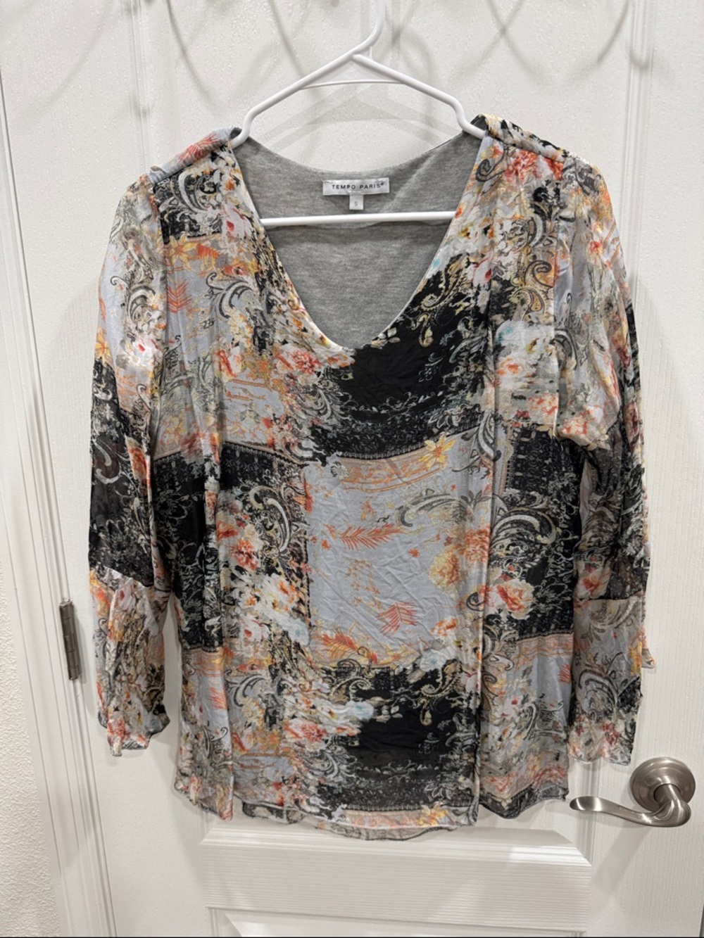 Tempo Paris Semi-Sheer V-Neck Floral Paisley Blouse in Black, Gray and Peach